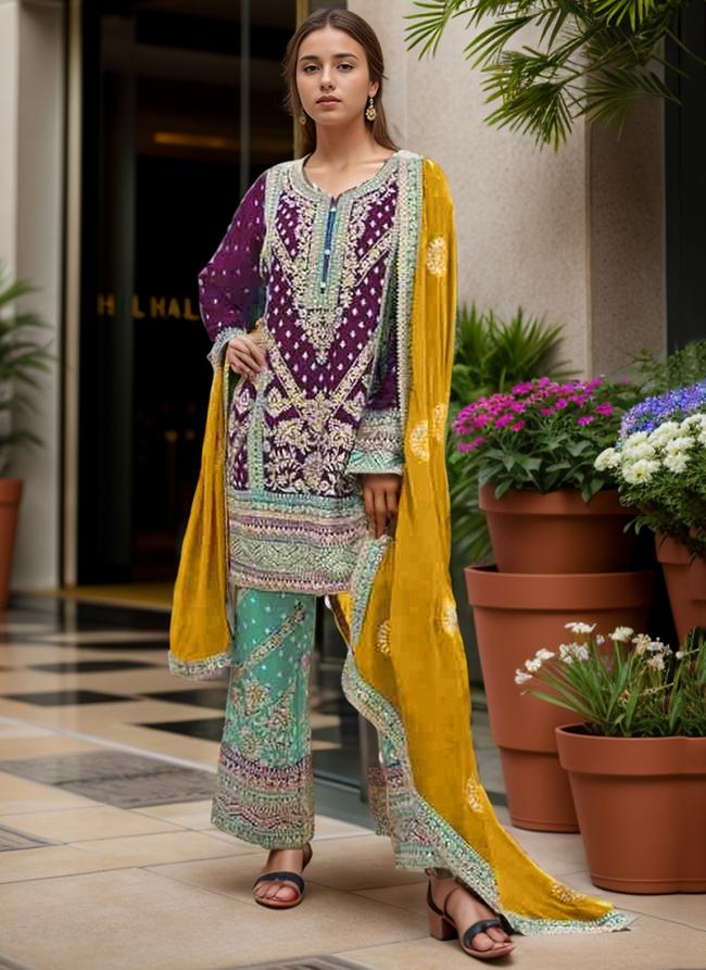 Silk Chinon Purple Wedding Wear Embroidery Work Pakistani Plazzo Salwar Kameez